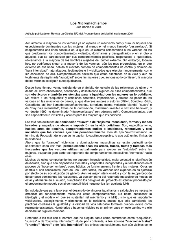 Los Micro machismos. Bonino, L. (2004).