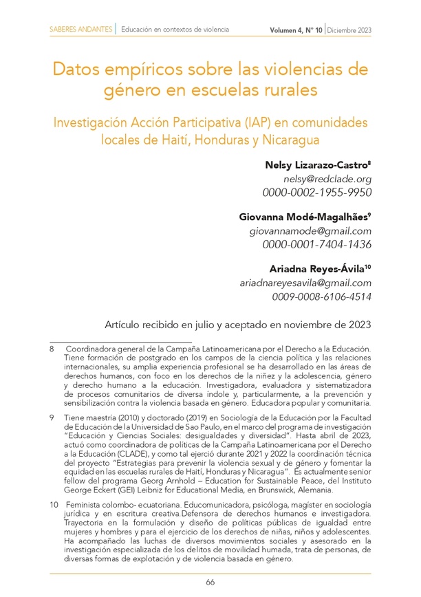 Datos empíricos sobre las violencias de género en escuelas ruralesInvestigación Acción Participativa (IAP) en comunidades locales de Haití, Honduras y Nicaragua.